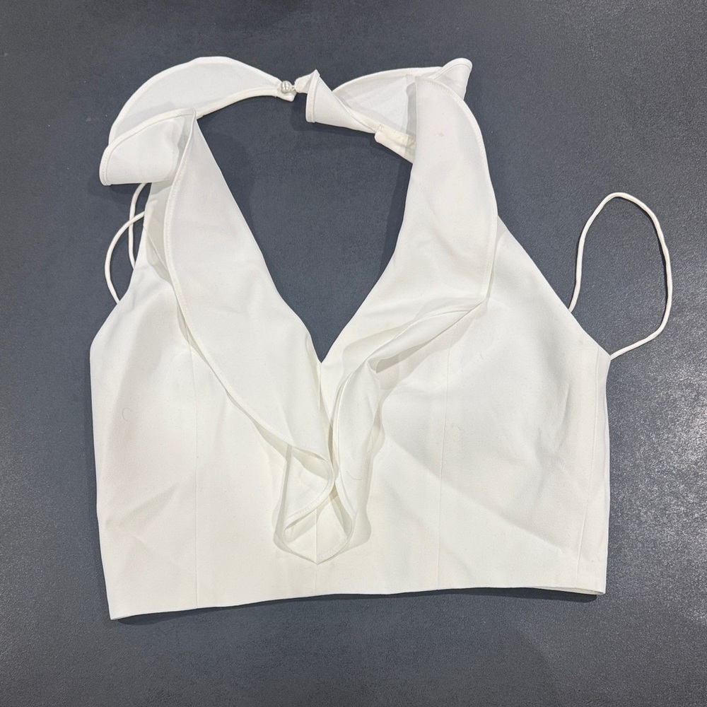 Alice + Olivia White Ruffle Halter Crop Top